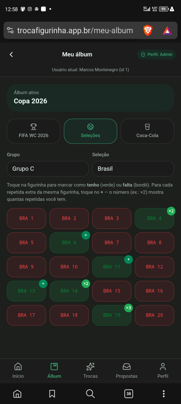 Tela Meu álbum com grade de figurinhas marcadas como repetidas e faltantes