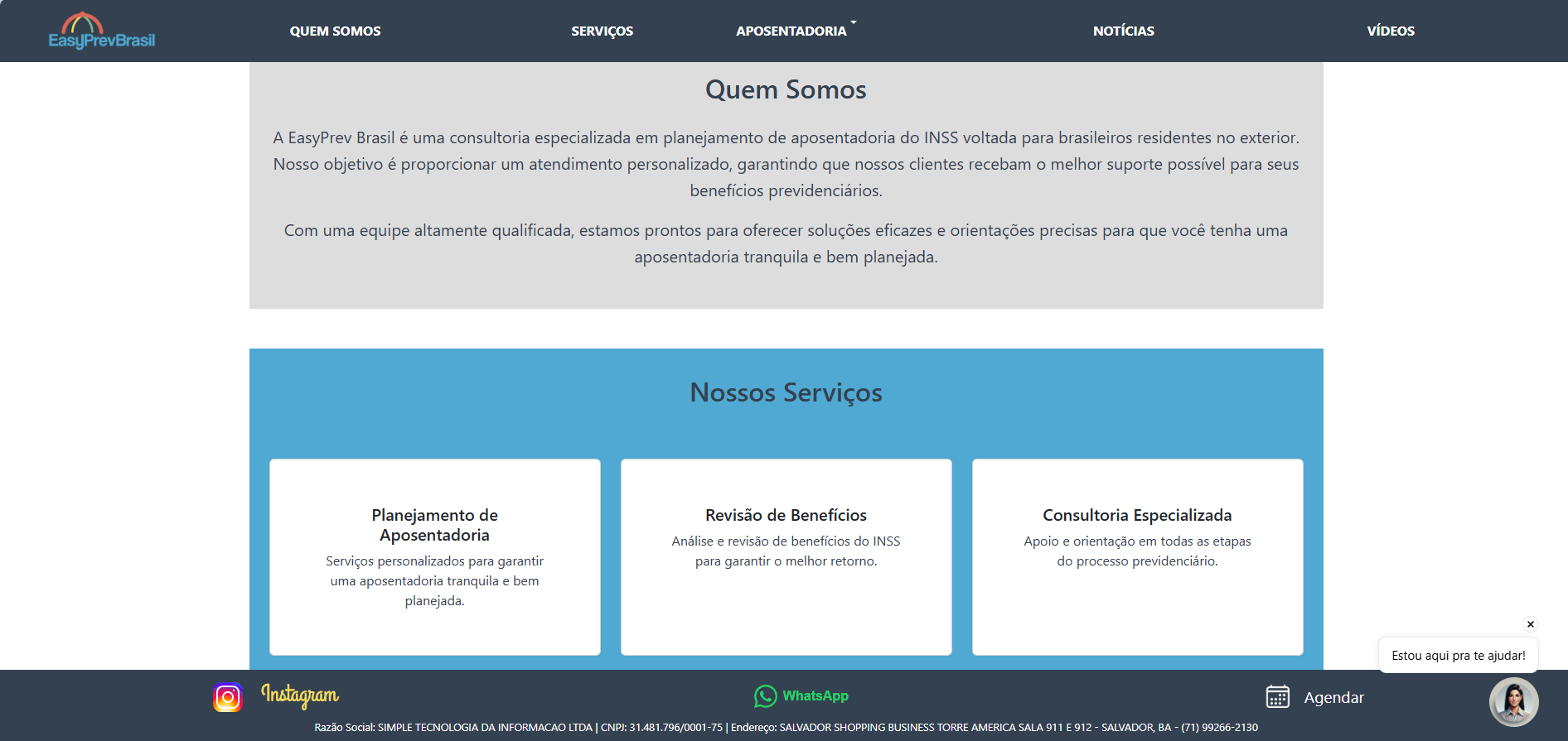 Seção Quem Somos e cards de serviços do EasyPrevBrasil