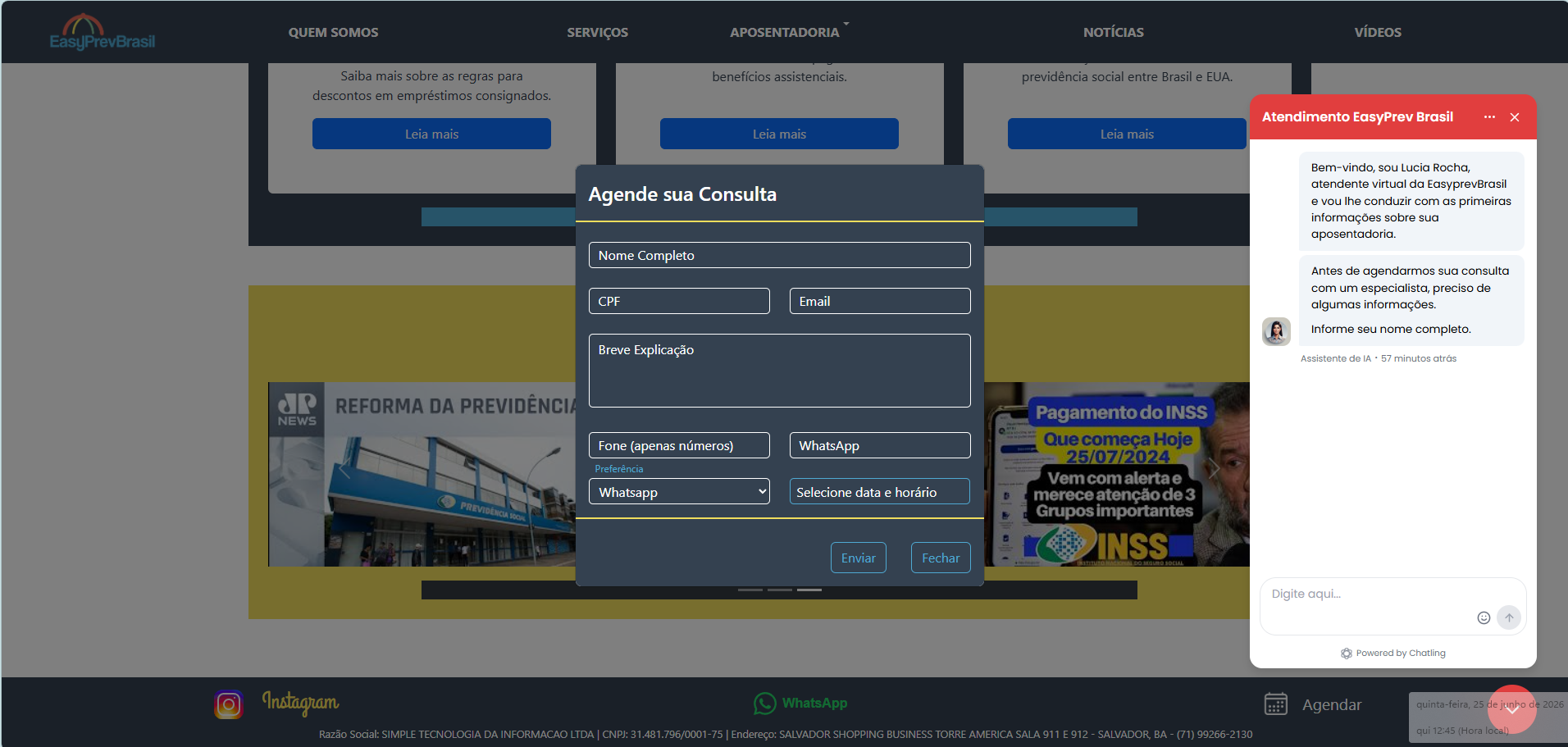 Formulário Agende sua Consulta e janela de atendimento automatizado da EasyPrevBrasil