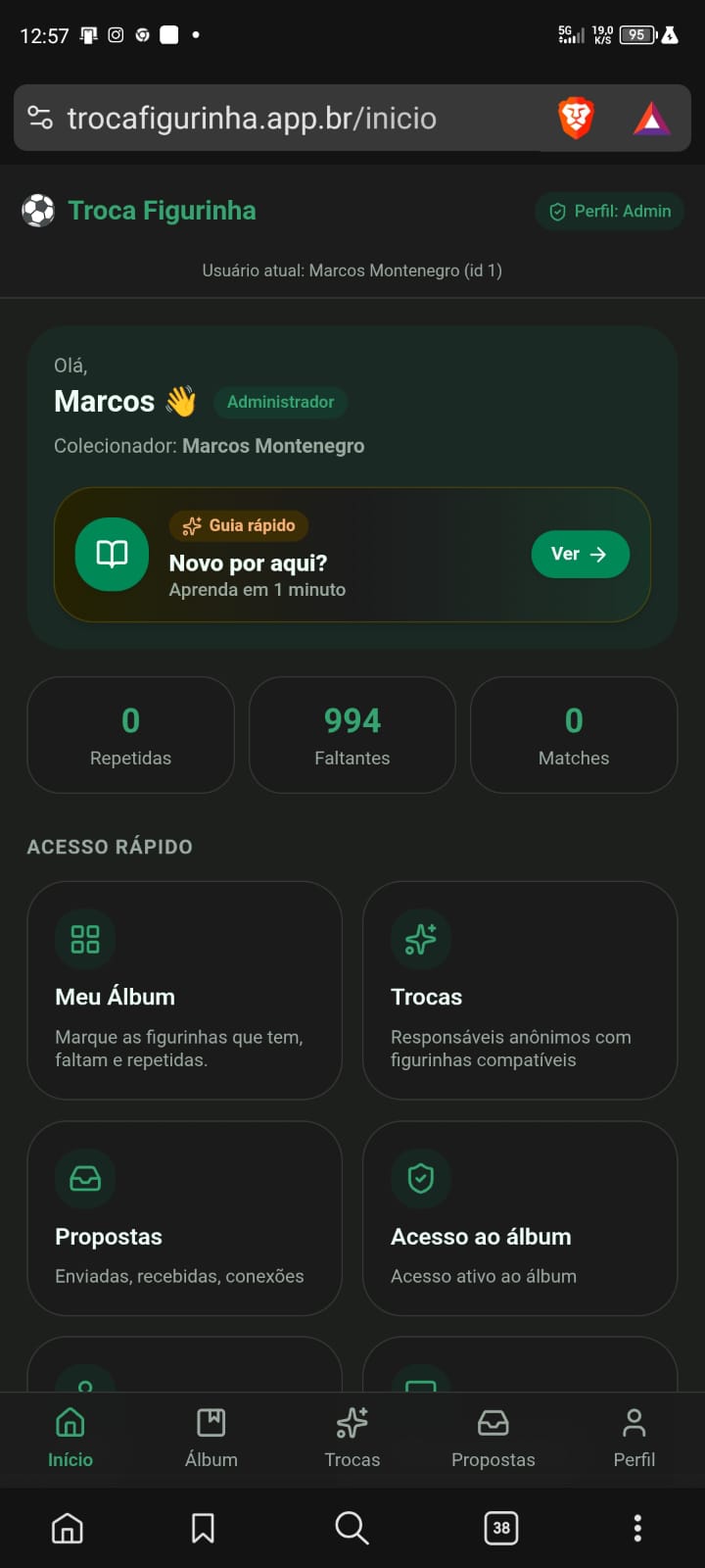 Painel inicial do usuário no Troca Figurinha com estatísticas e atalhos