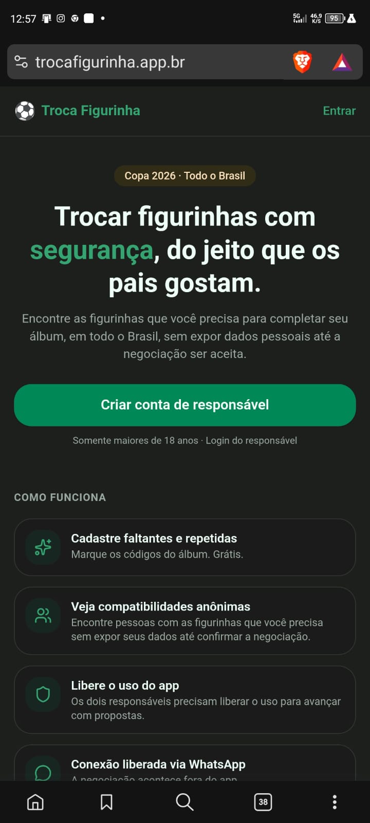 Landing page do Troca Figurinha com chamada para criar conta de responsável
